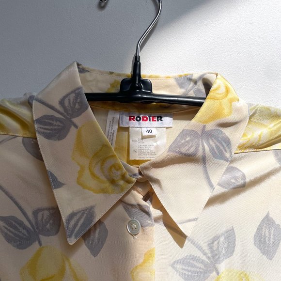 Vintage RODIER Paris Long Button-Up Yellow Rose Floral Silk Blouse sz 40 10 - Picture 6 of 12